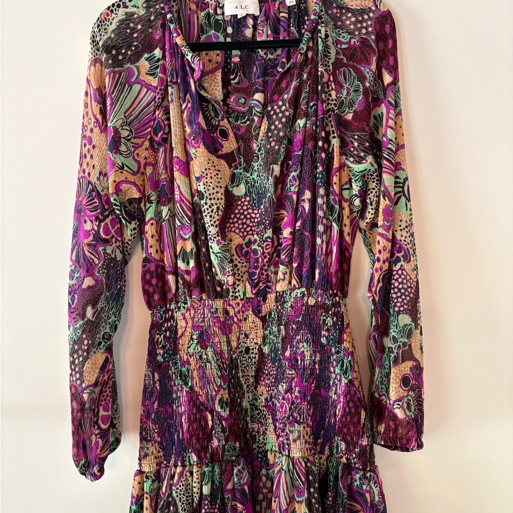 A.L.C Printed Long Sleeve Smocked Mini Dress Size 12. Silk
